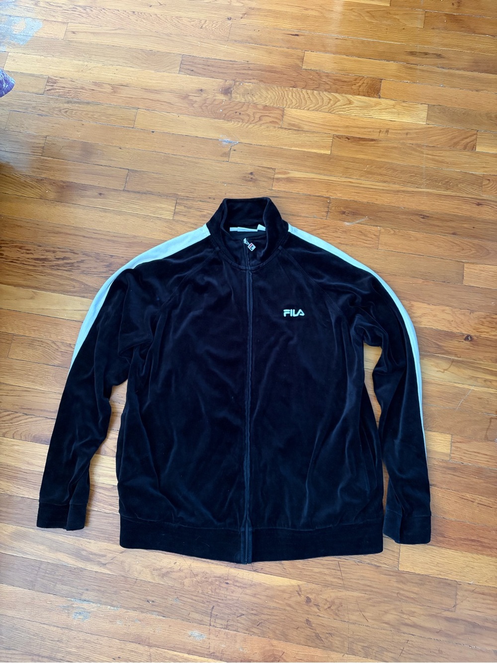 Fila Black Velour Track Jacket with White Shoulder Stripes and Logo